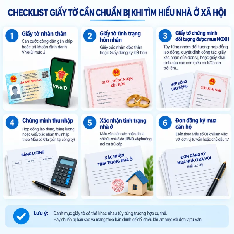Checklist giấy tờ mua nhà ở xã hội gồm giấy tờ nhân thân, tình trạng hôn nhân, chứng minh đối tượng, thu nhập, tình trạng nhà ở và đơn đăng ký mua căn hộ