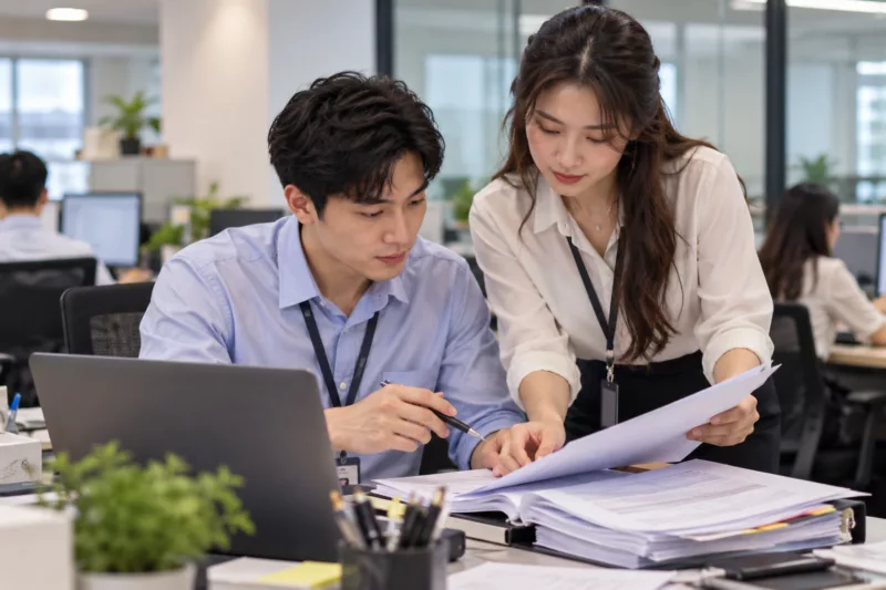 Nhân viên văn phòng trao đổi với bộ phận nhân sự về giấy xác nhận thu nhập mua NOXH