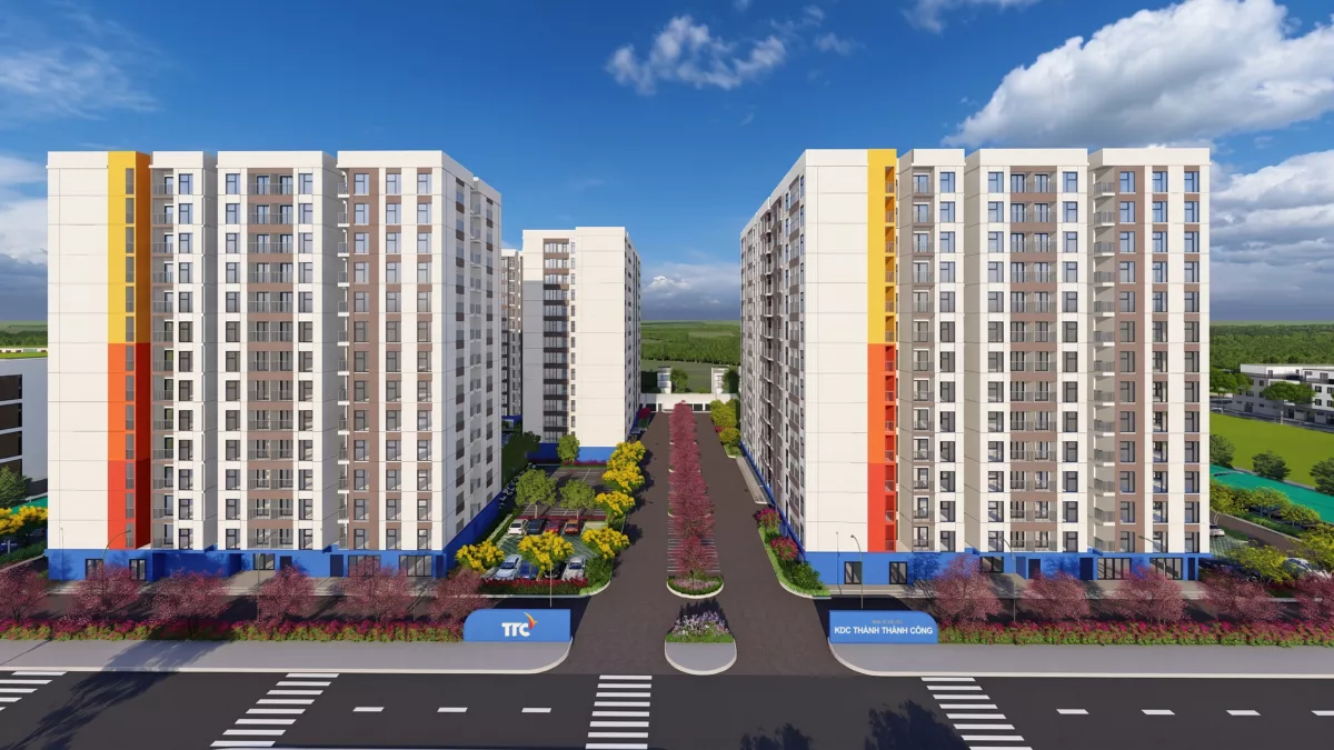 Phối cảnh các tòa nhà Nhà ở xã hội Khu dân cư Thành Thành Công với hệ thống đường nội khu và cảnh quan quy hoạch đồng bộ