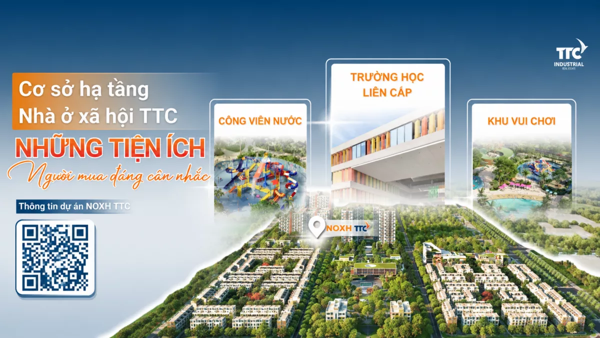 Cơ sở hạ tầng NOXH TTC Tây Ninh với hệ thống tiện ích trường học liên cấp, công viên nước và khu vui chơi.
