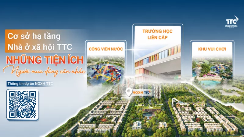 Cơ sở hạ tầng NOXH TTC Tây Ninh với hệ thống tiện ích trường học liên cấp, công viên nước và khu vui chơi.