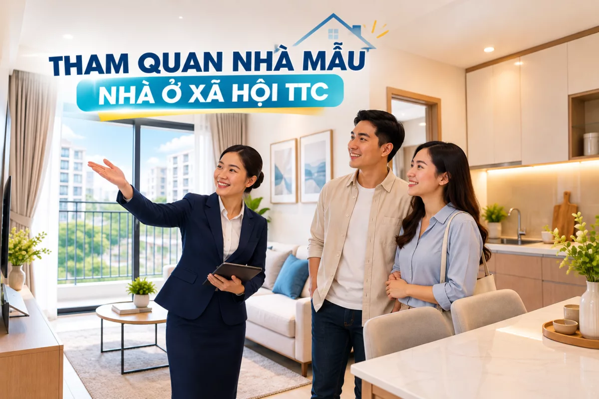 Khách hàng tham quan nhà mẫu Nhà ở xã hội TTC, tìm hiểu không gian và công năng căn hộ.